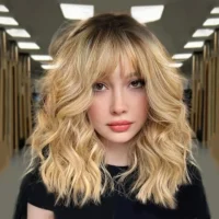 Blonde Medium Length Thick Wavy Wig with bangs