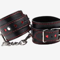Hand cuffs faux leather, beautiful heart design black with red hearts and stitching